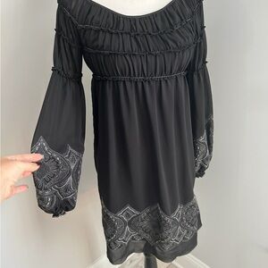 Black Boho Embroidered Hem and Sleeve Dress